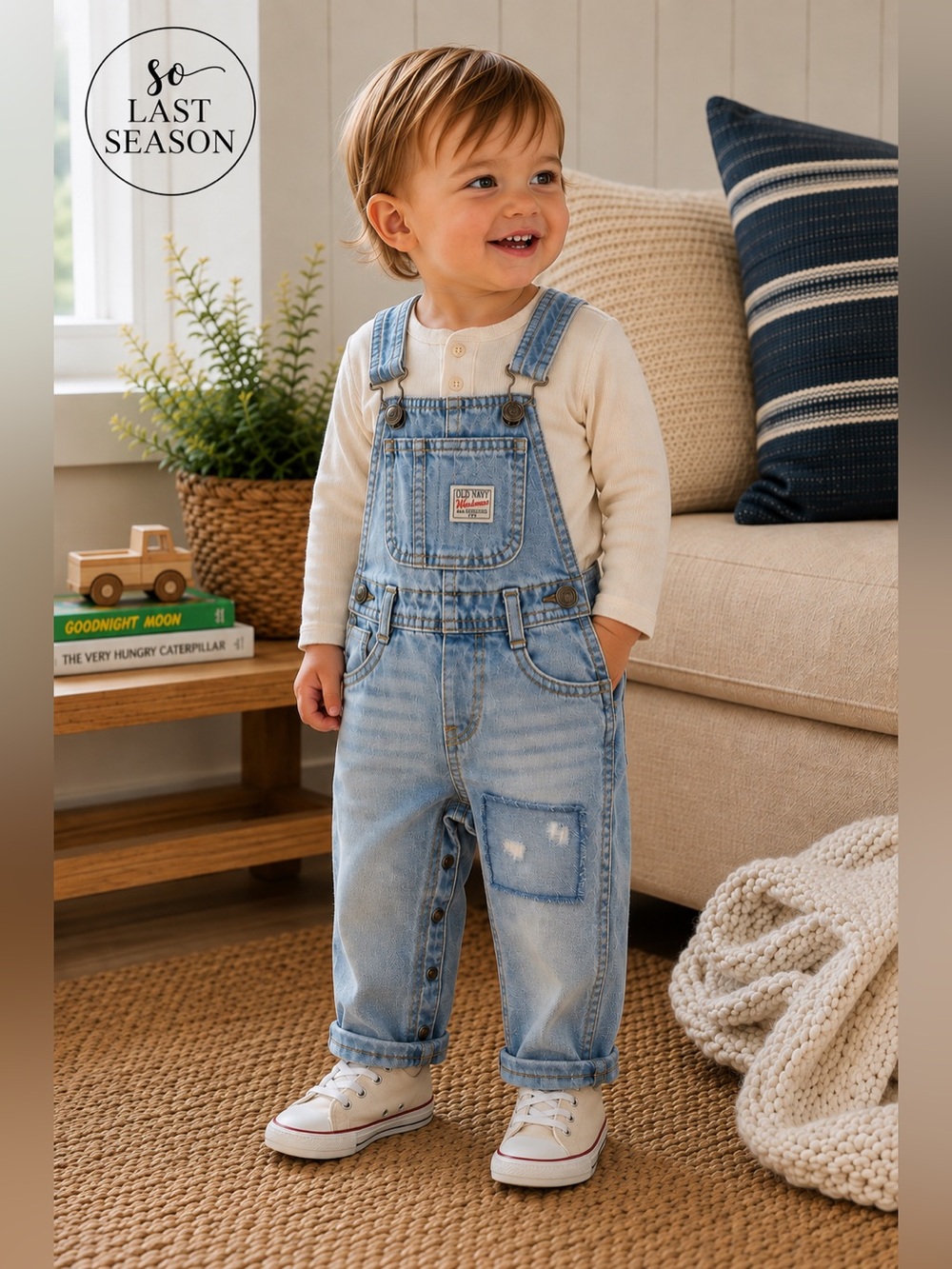 Old Navy Workwear Baby Denim Overalls 18-24M Distressed Patch Light Wash